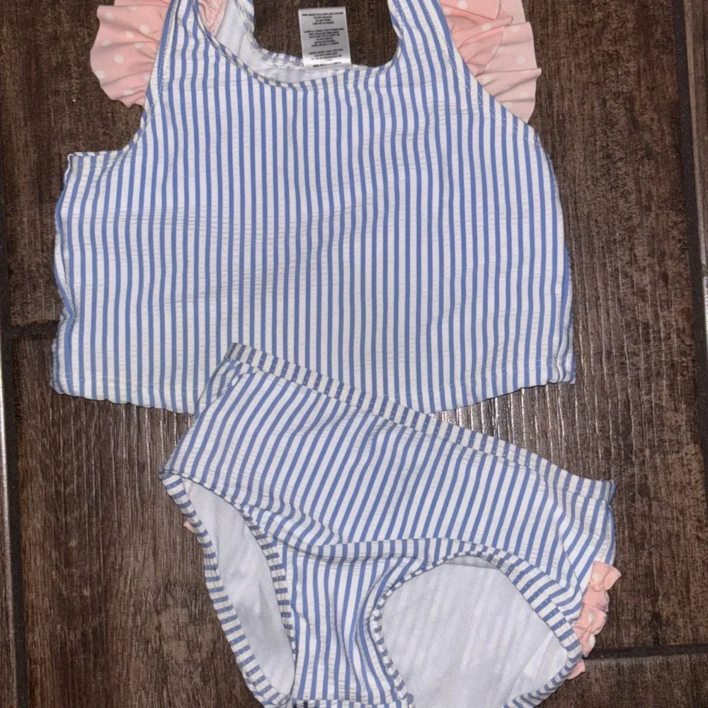 Ruffle Butts girls Blue Striped swimsuit with Pink Accents - Picture 2 of 3
